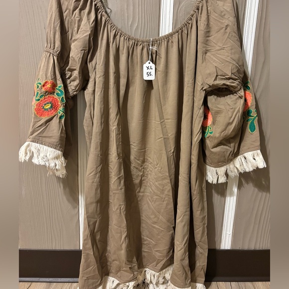 Umgee Tops - Umgee Tan Peasant Blouse with Orange Floral Embroidery and Fringe